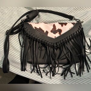 Cow print fringe crossbody purse